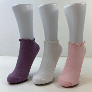 Womens Ruffle Ankle Socks 3 Pack Ribbed Purple White Pink